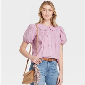 Target Puff Short Sleeve Button-Down Shirt Peter Pan Collar